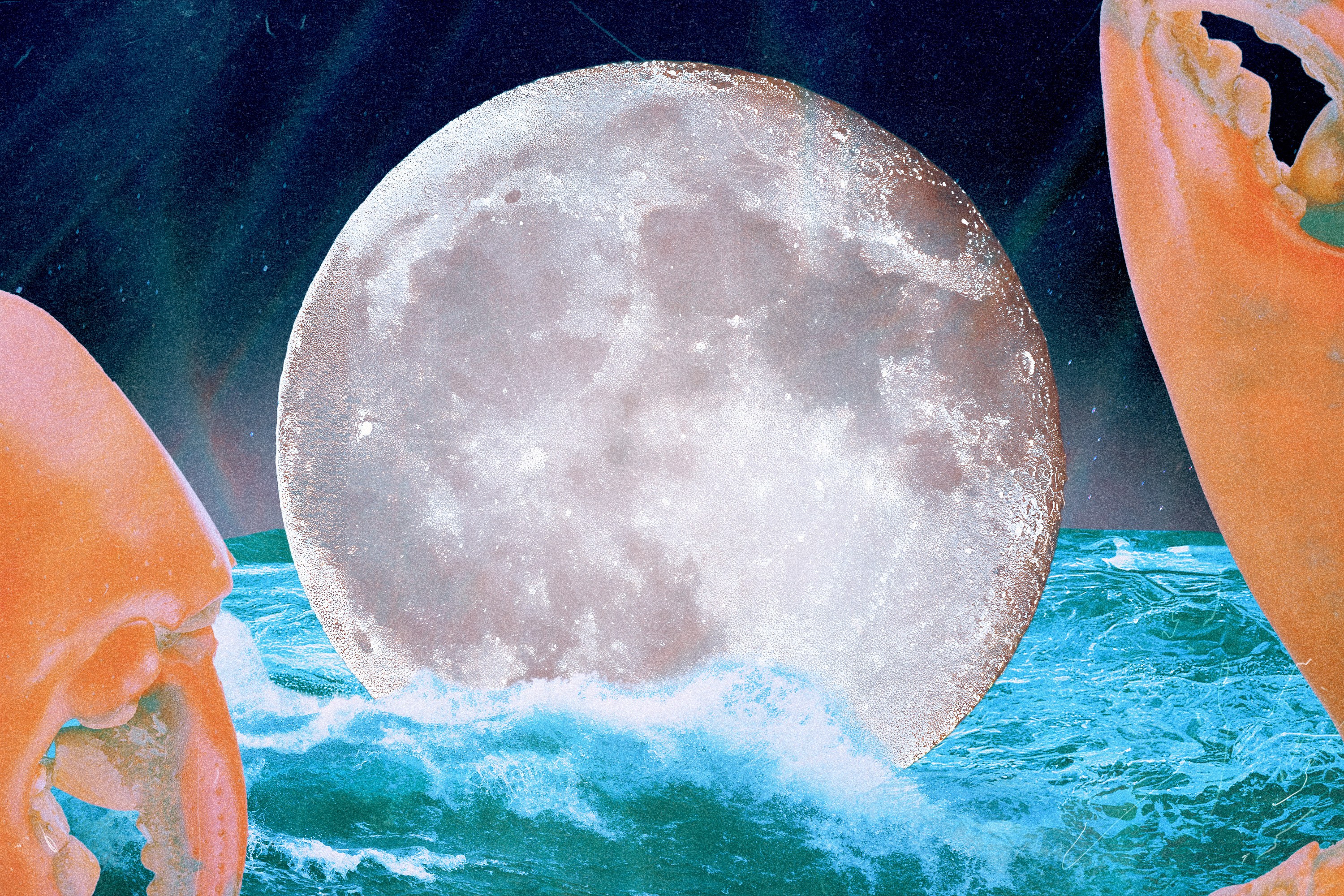 A full moon surrounded by crab claws and sitting above an ocean