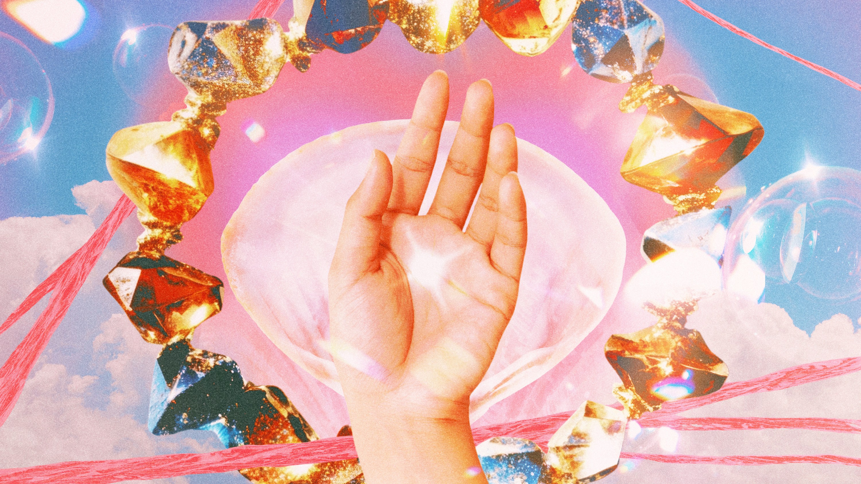 A hand rising over a blue sky background, surrounded by sparkling gems and bubbles