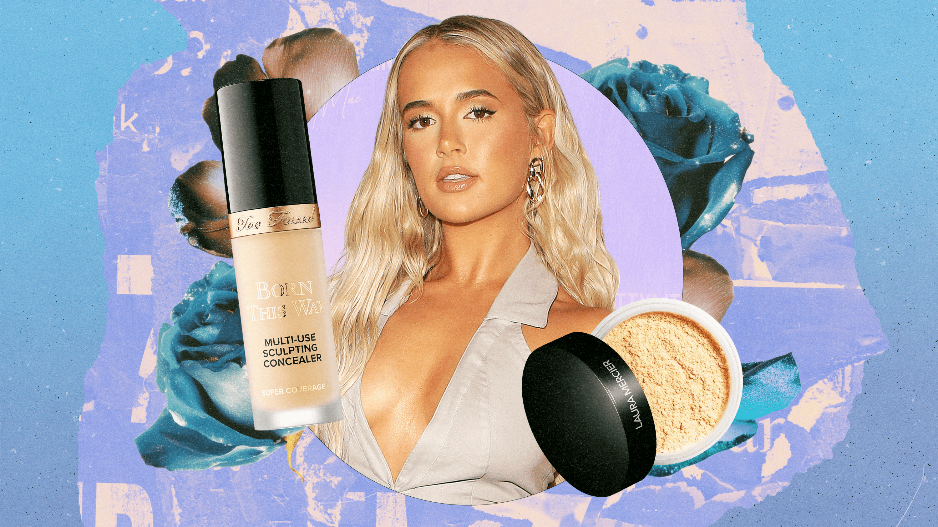 Molly-Mae Hague next to the makeup products she uses.