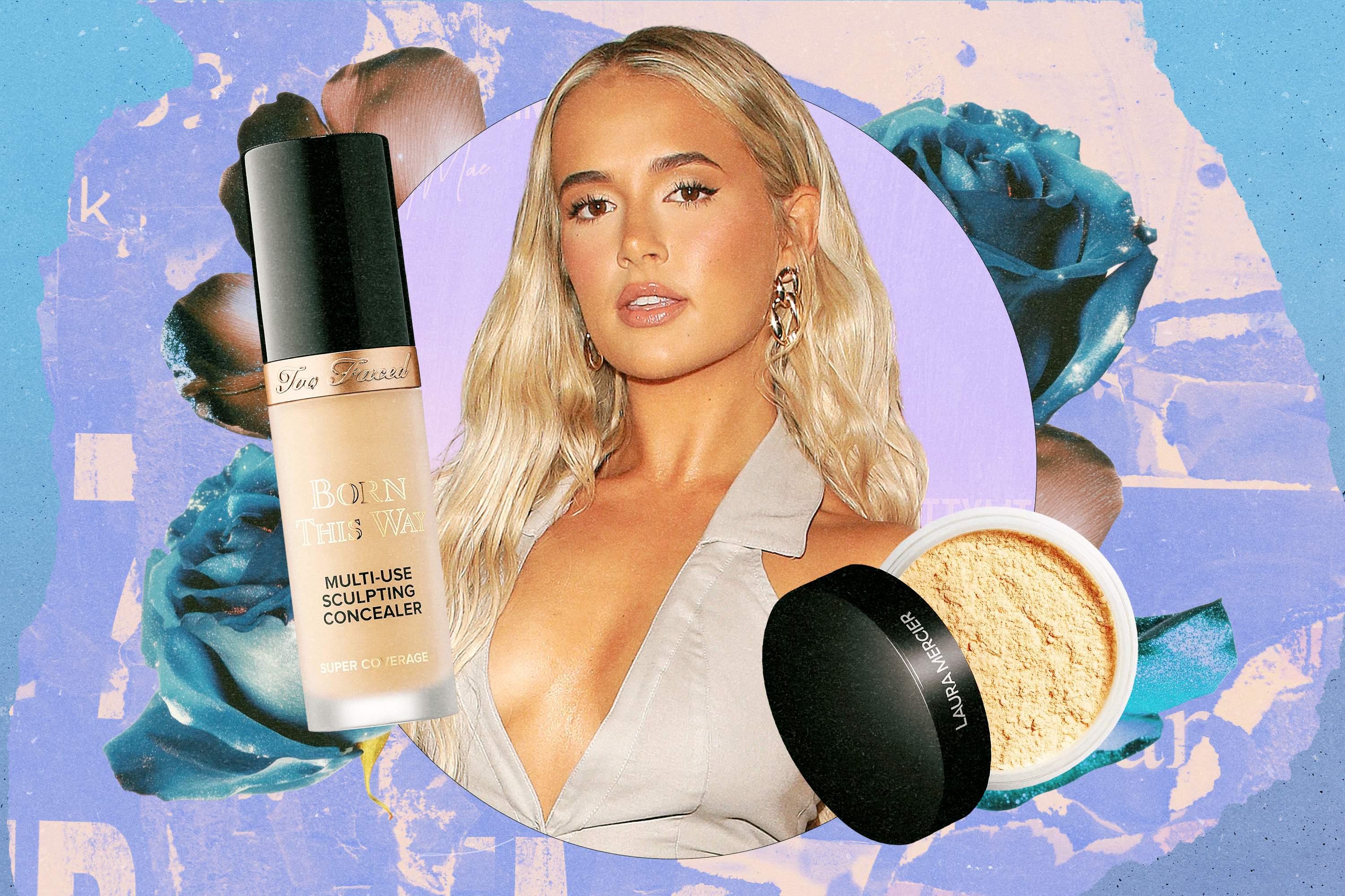 Molly-Mae Hague next to the makeup products she uses.