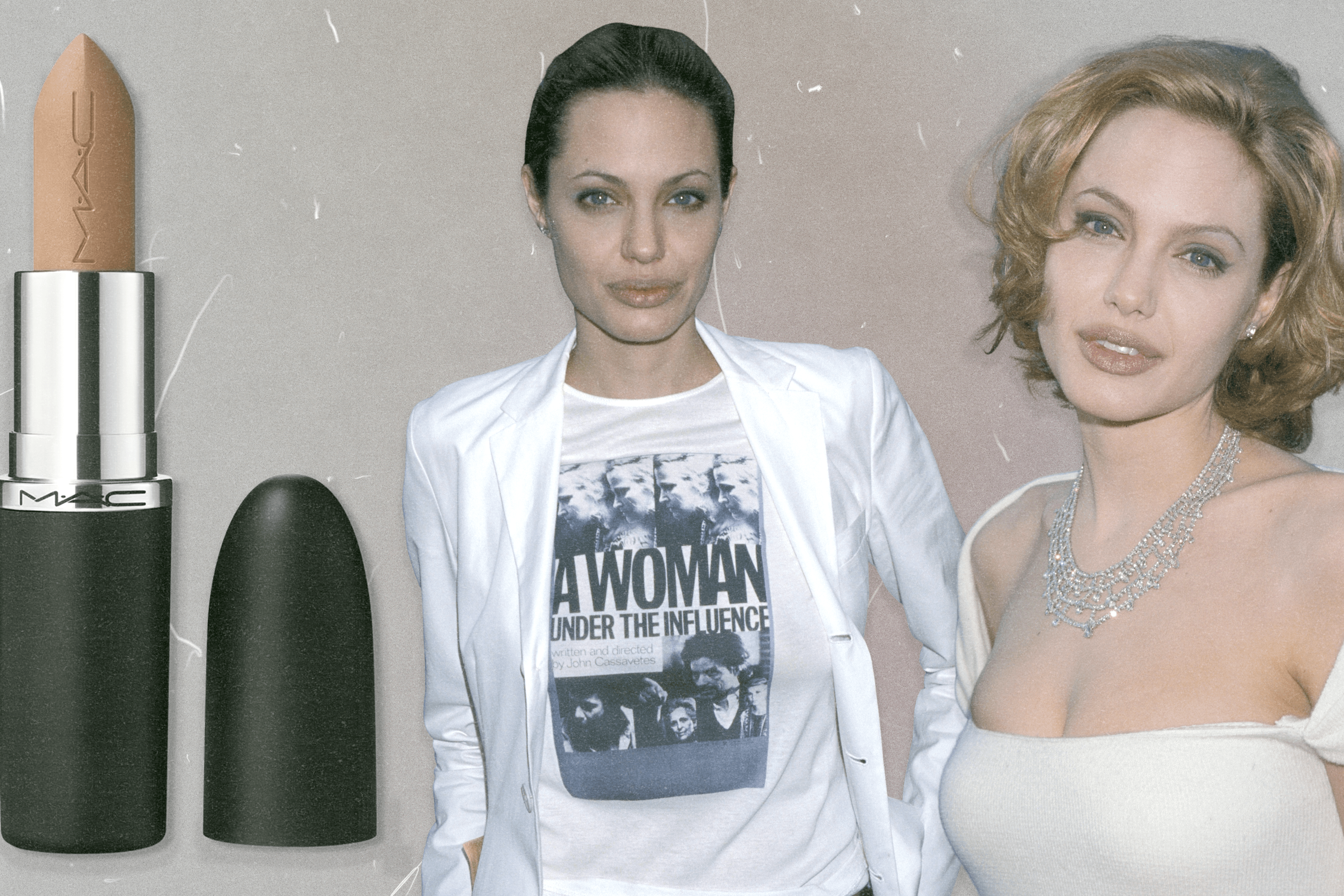 Angelina Jolie in the '90s next to the Mac Folio lipstick she wears.