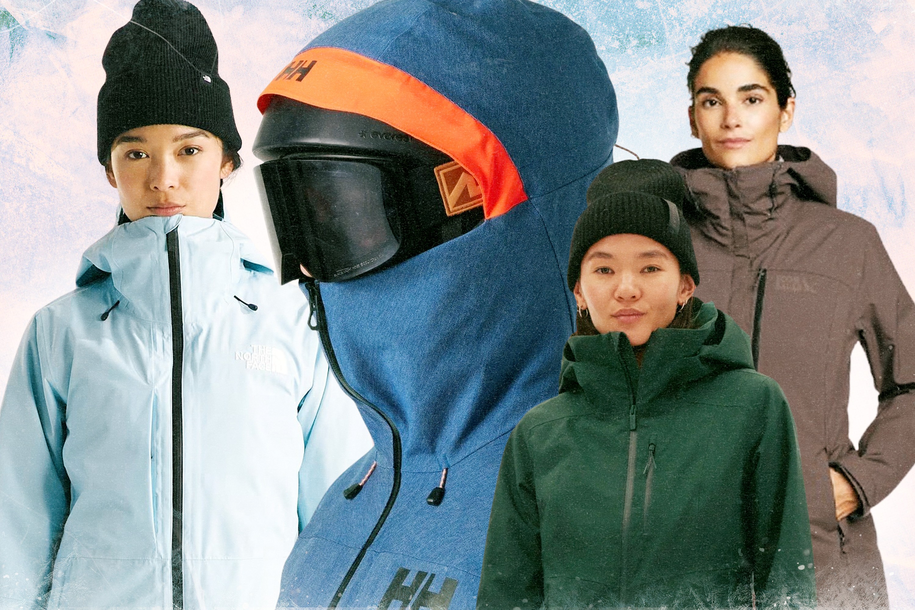 Four models wearing ski jackets from The North Face, Helly Hansen, Halfdays, and Eddie Bauer.