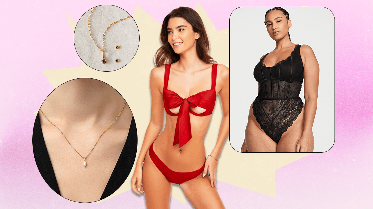 Left to Right: a GLDN birthstone necklace and earrings set, an Ana Luisa tiny pearl necklace, an Adore Me red bow bra and panty set, and a Victoria's Secret black lacey corset one-piece.