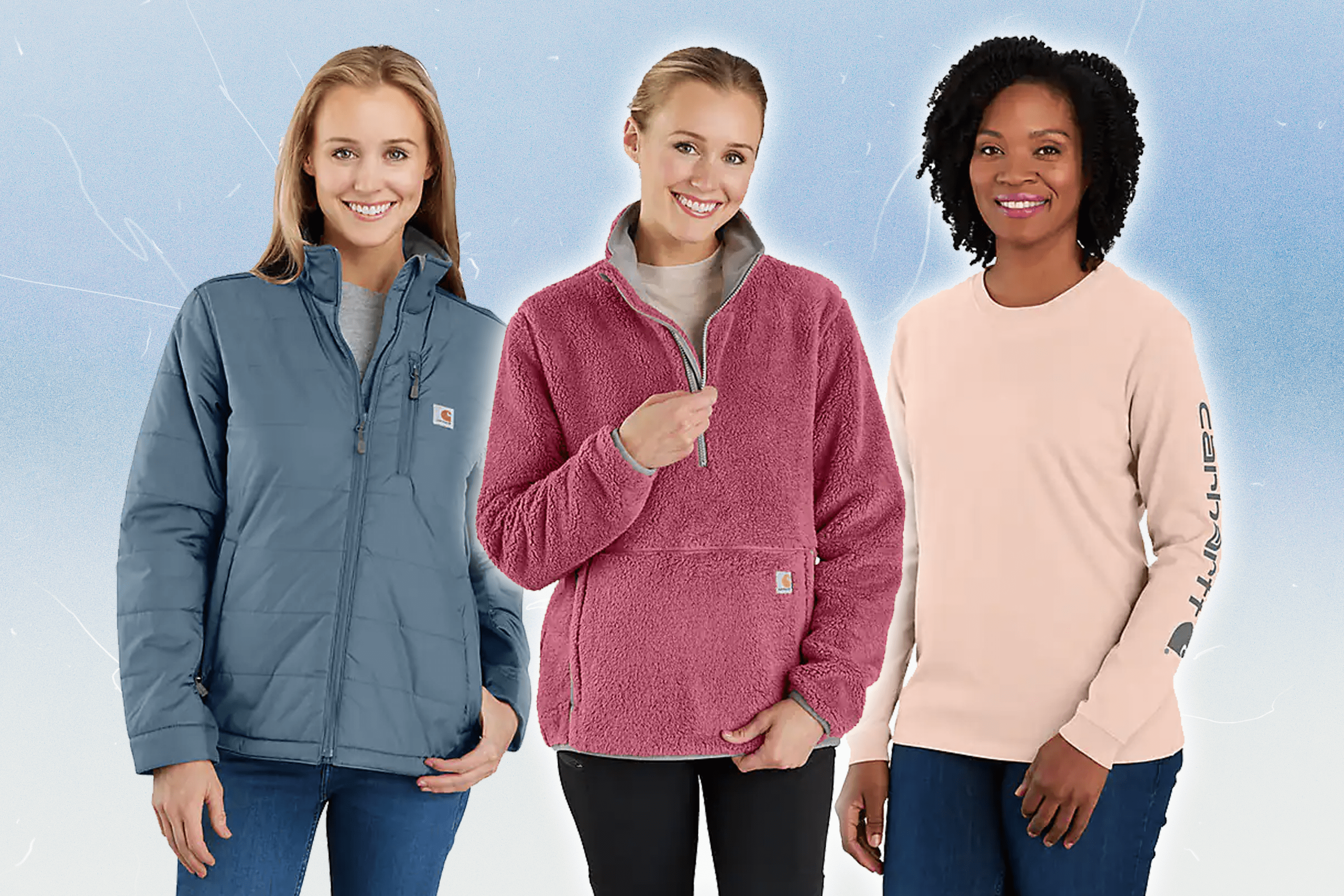 Three models wearing Carhartt jackets and long-sleeve t-shirts.