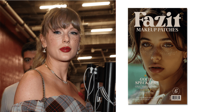 Left: KANSAS CITY, MISSOURI - OCTOBER 07: (EDITORS NOTE: Retransmission with alternate crop.) Taylor Swift arrives prior to a game between the Kansas City Chiefs and the New Orleans Saints at GEHA Field at Arrowhead Stadium on October 07, 2024 in Kansas City, Missouri. Right: Fazit Gold Glitter Freckles.