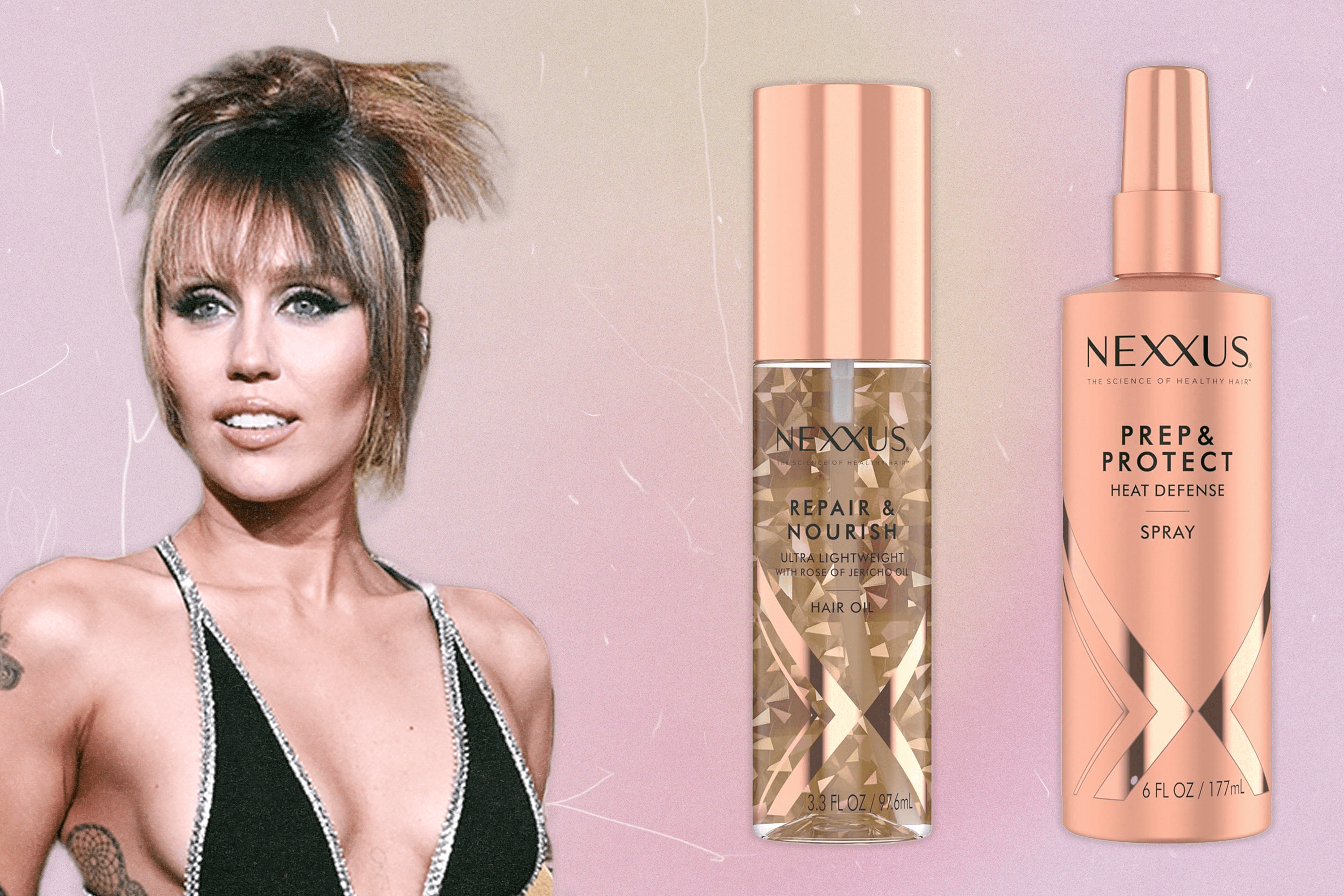 Miley Cyrus at the 2025 Golden Globes next to Nexxus hair products.