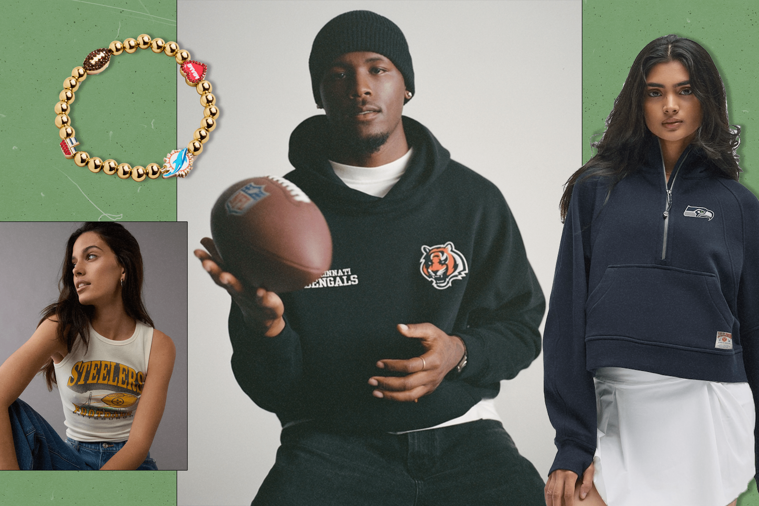 Left to Right: a gold beaded bracelet with football charms from Baublebar; a woman wearing a vintage-looking Steelers tank top from American Eagle; a man with a football wearing a black Bengals sweatshirt from Abercrombie & Fitch; a woman wearing a navy Seahawks half-zip and white skirt from Lululemon.