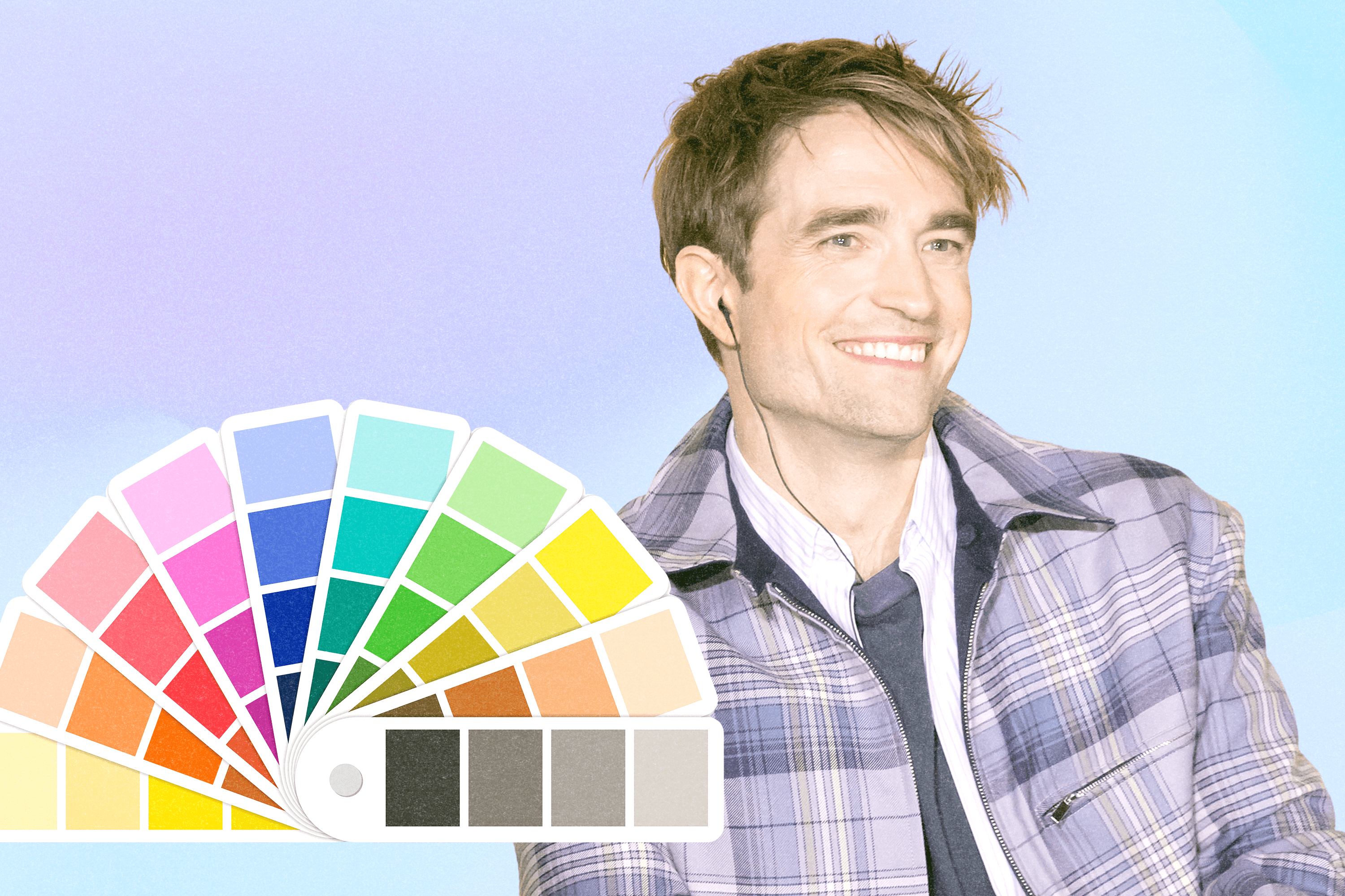 Robert Pattinson next to color swatches.