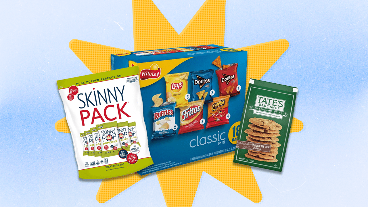 SkinnyPop popcorn pack, a Frito-Lay chip variety box, and a Tate's Bake Shop cookie bag.