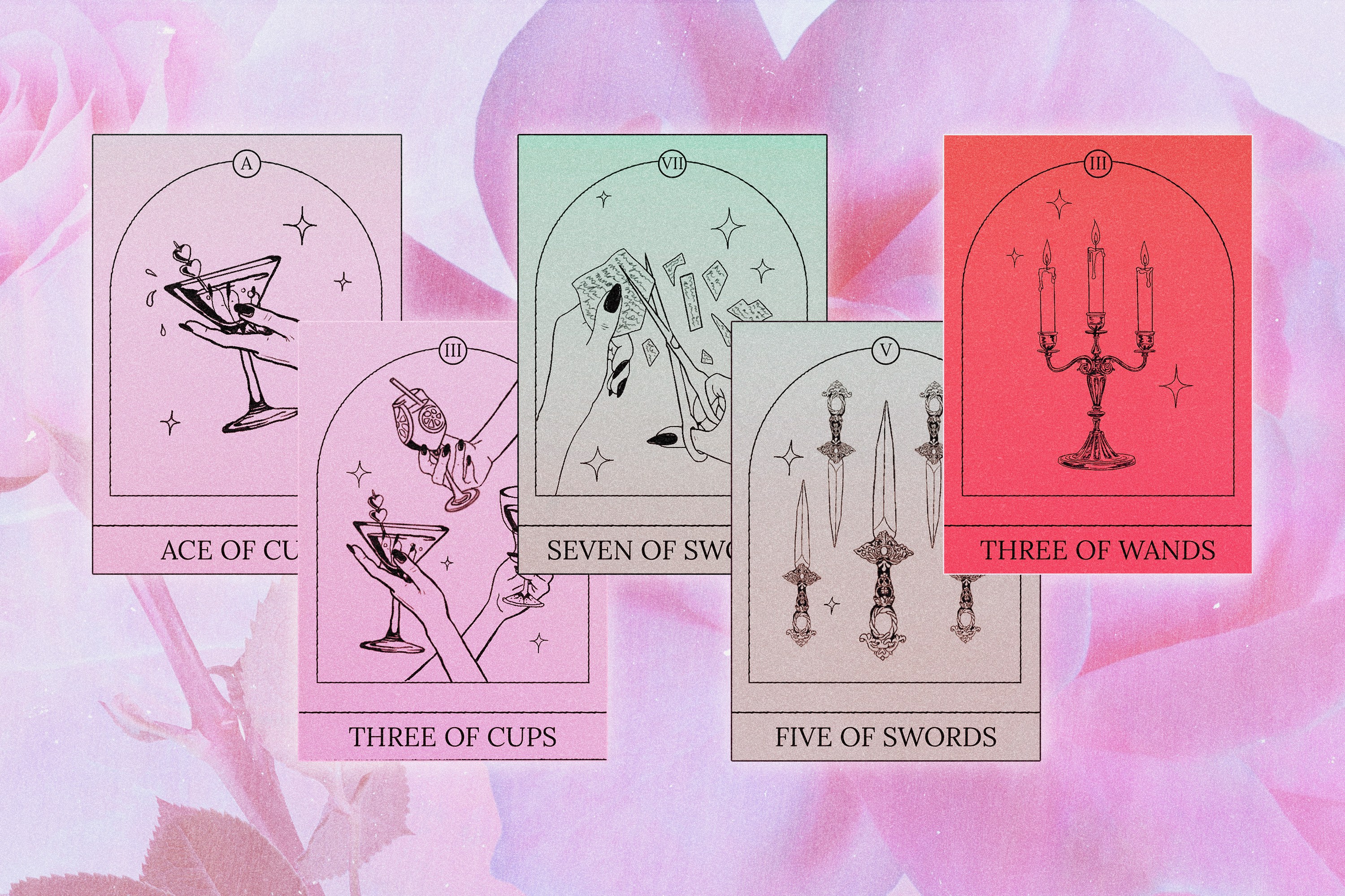 Five Tarot cards spread out in hues of pink over a background of pink roses for Valentine's Day