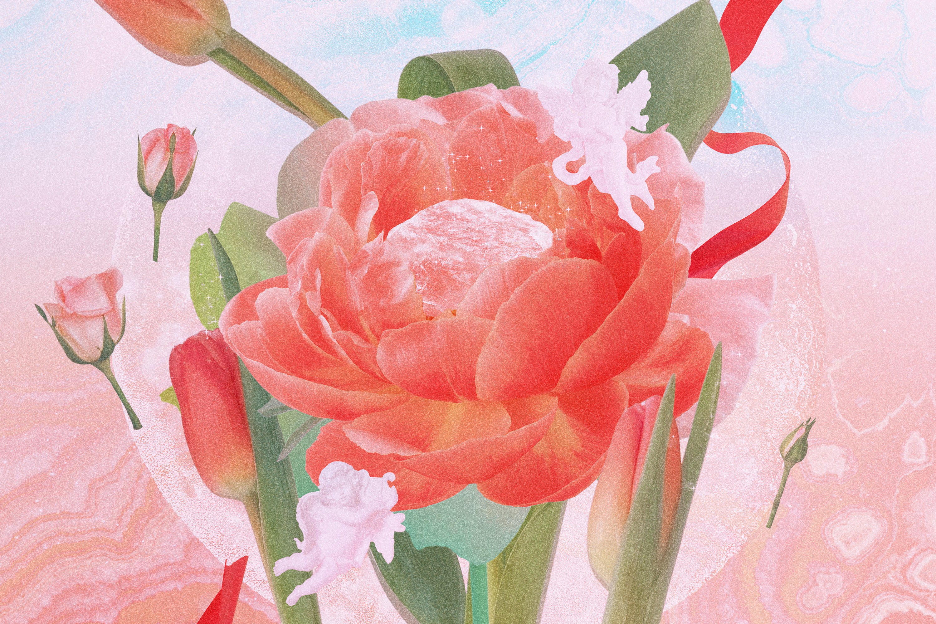 A flower in front of a pink full moon surrounded by little Cupids