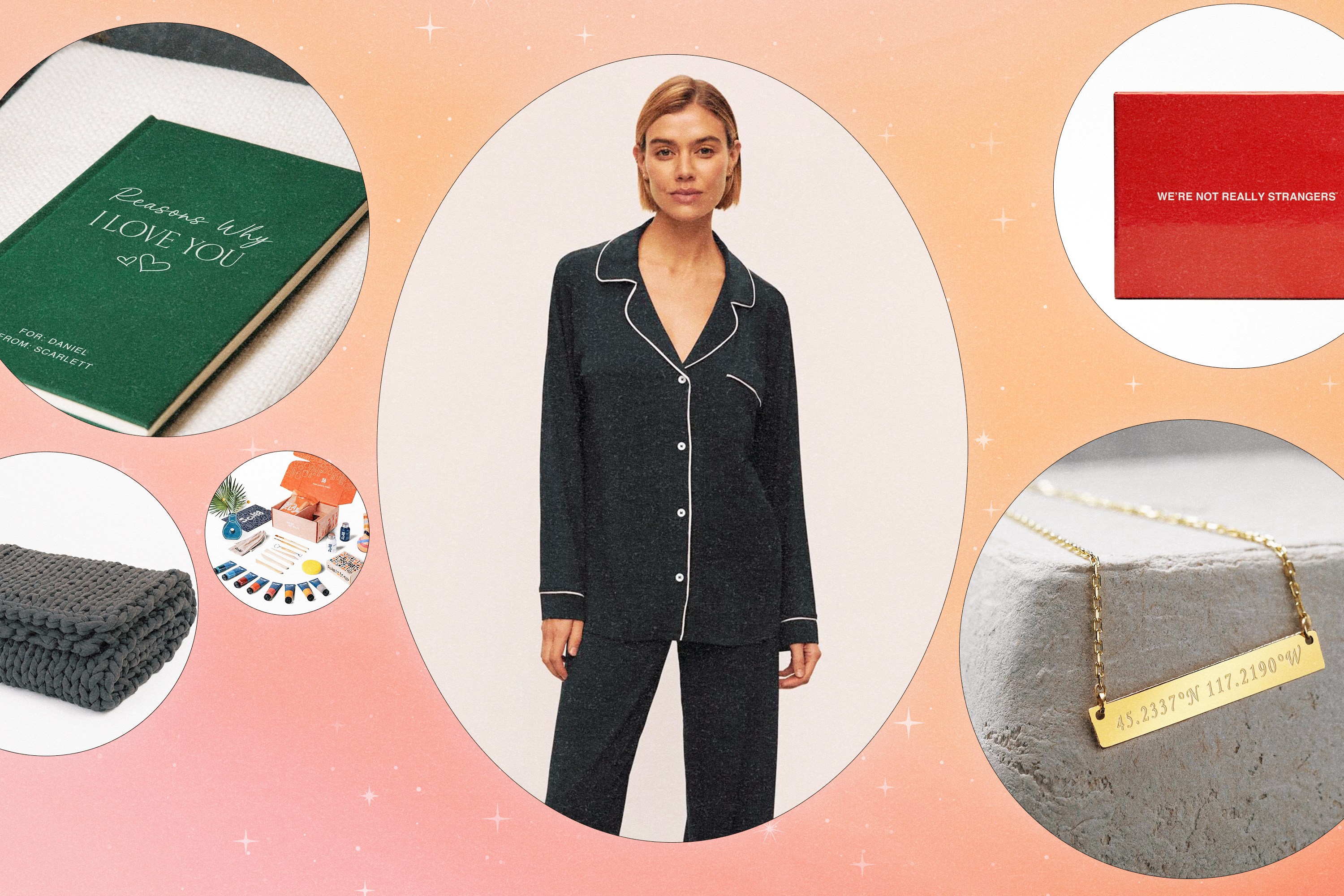 A collage of various gifts, including pajamas, a card game, a necklace, and a weighted blanket.
