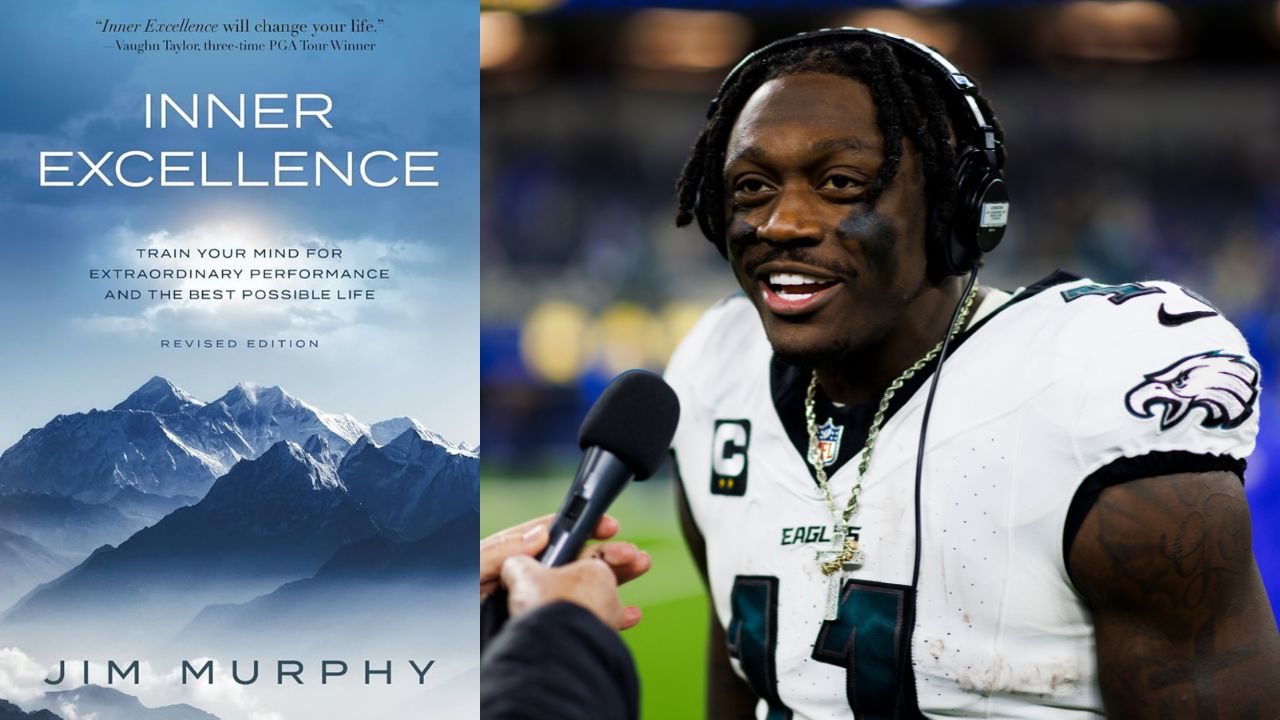 Jim Murphy's "Inner Excellence" book cover alongside Eagles wide receiver AJ Brown speaking to reporters post-game about his viral reading ritual.
