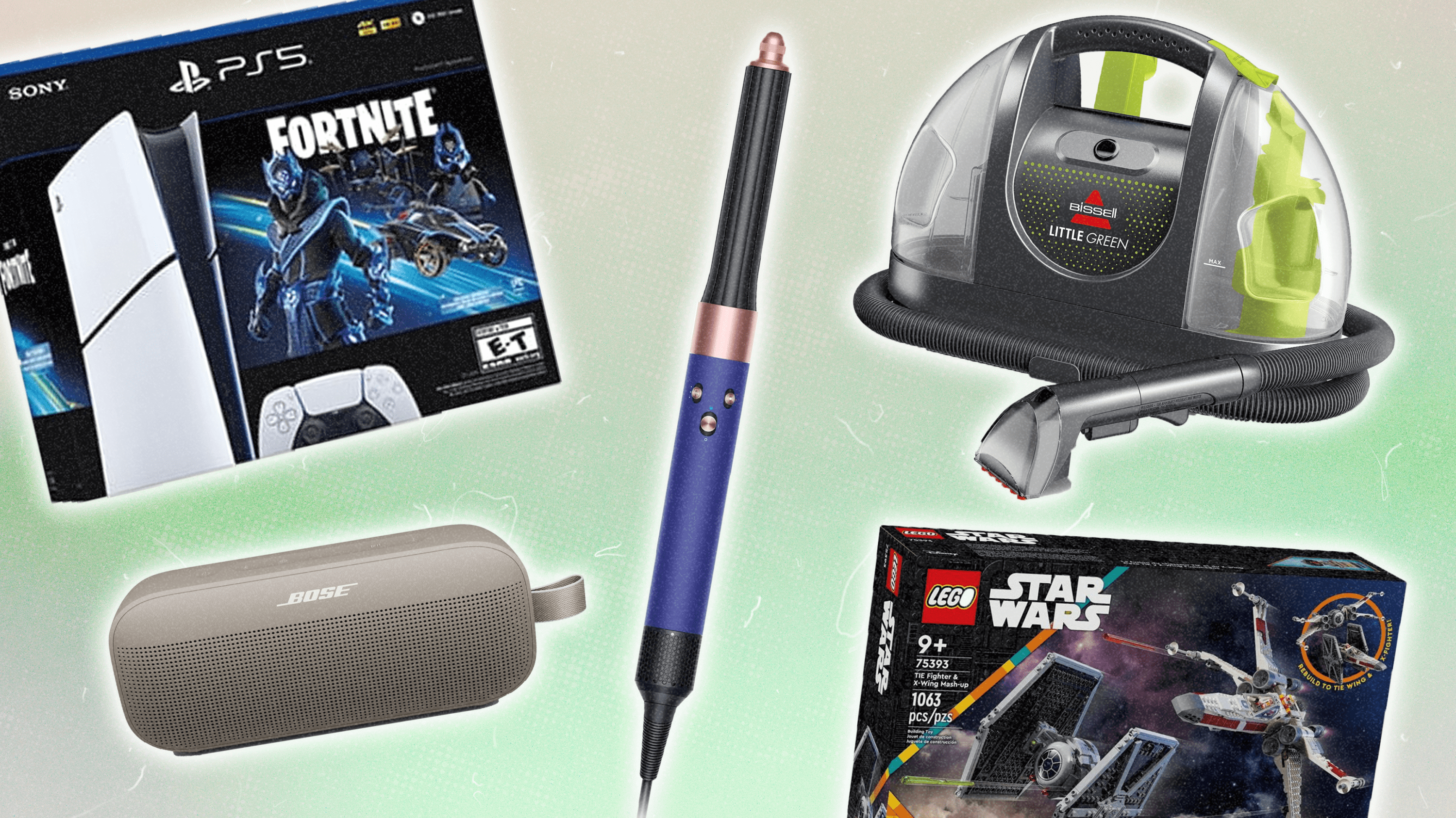 From Left to Right: a PlayStation 5 Fornite Bundle, a Bose portable speaker, a Dyson Airwrap Long, a BISSELL vacuum, a LEGO Star Wars set