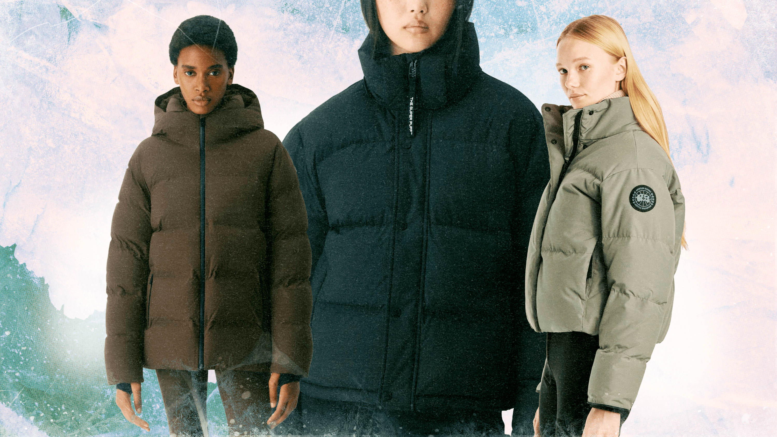 Three models wearing Aritzia and Canada Goose winter coats (dark brown, black, and olive green puffer jackets)