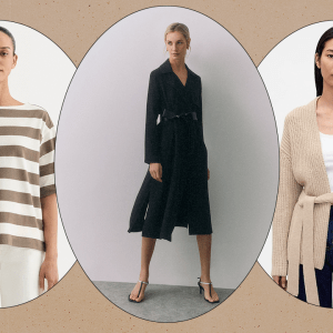 Left to Right: an Everlane model wearing a light brown and white striped T-shirt; a Cuyana model wearing a flowy, black, belted coat; a Gap model wearing a beige-oatmeal-colored wrap cardigan with a waist tie.