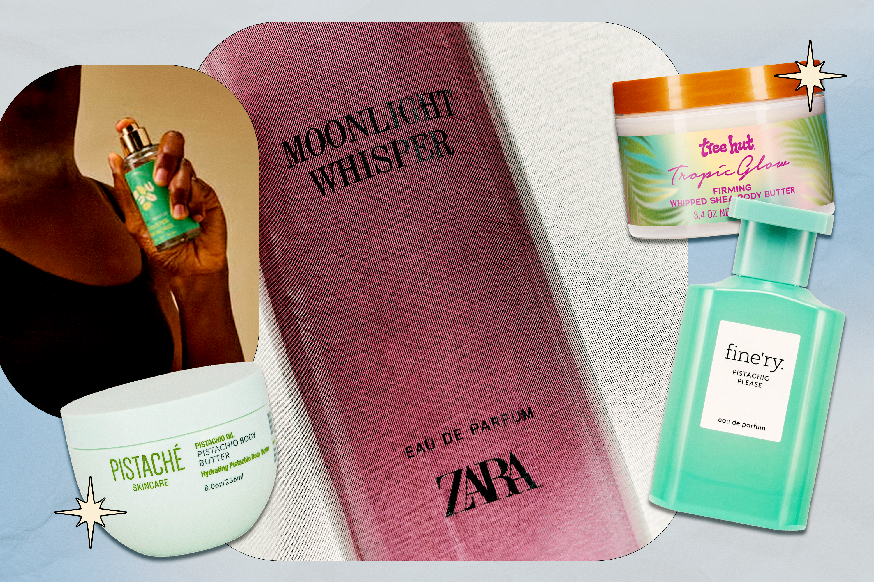 A collage of Bum Bum Cream dupes (featuring products from Bath & Body Works, Pistache, Zara, Tree Hut, and fine'ry).