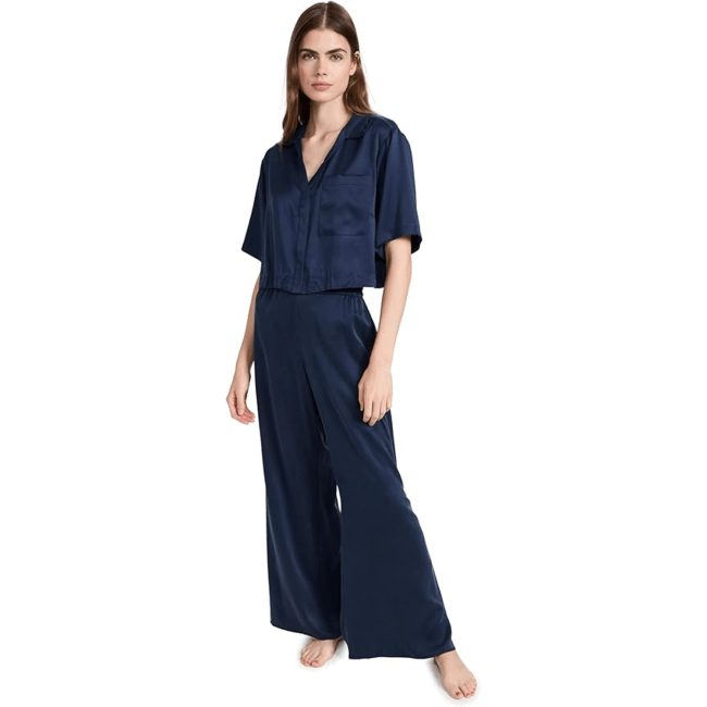 Lunya Women's Washable Silk High Rise Pant Set in navy blue