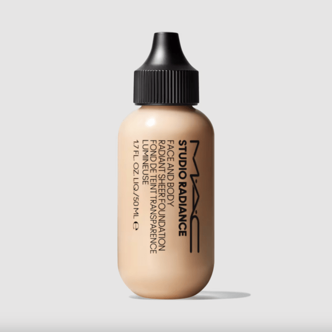 Mac Studio Radiance Face And Body Radiant Sheer Foundation in a clear bottle.