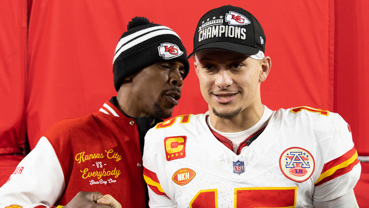 BALTIMORE, MARYLAND - JANUARY 28: Patrick Mahomes #15 of the Kansas City Chiefs celebrates with his father Pat Mahomes after the AFC Championship NFL football game at M&T Bank Stadium on January 28, 2024 in Baltimore, Maryland.