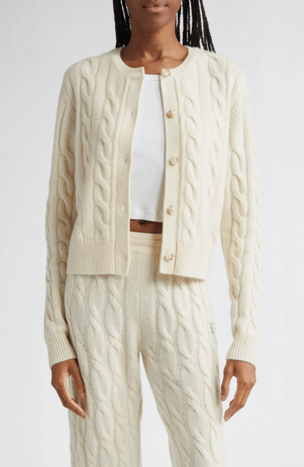 Sporty & Rich SRC Cable Knit Cashmere & Wool Cardigan in cream
