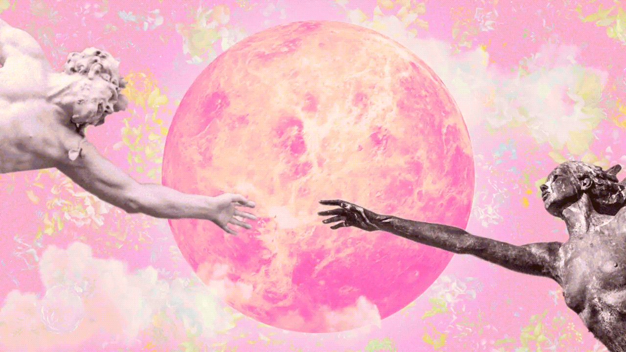 Two marble statues of a woman and a man reaching toward each other over a pink planet Venus