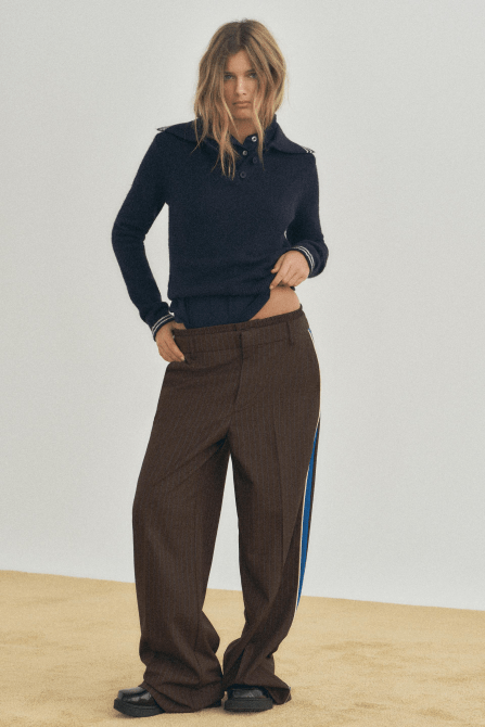 Zara Pinstripe Boxer Pants in dark brown with a cobalt blue and white stripe down the sides