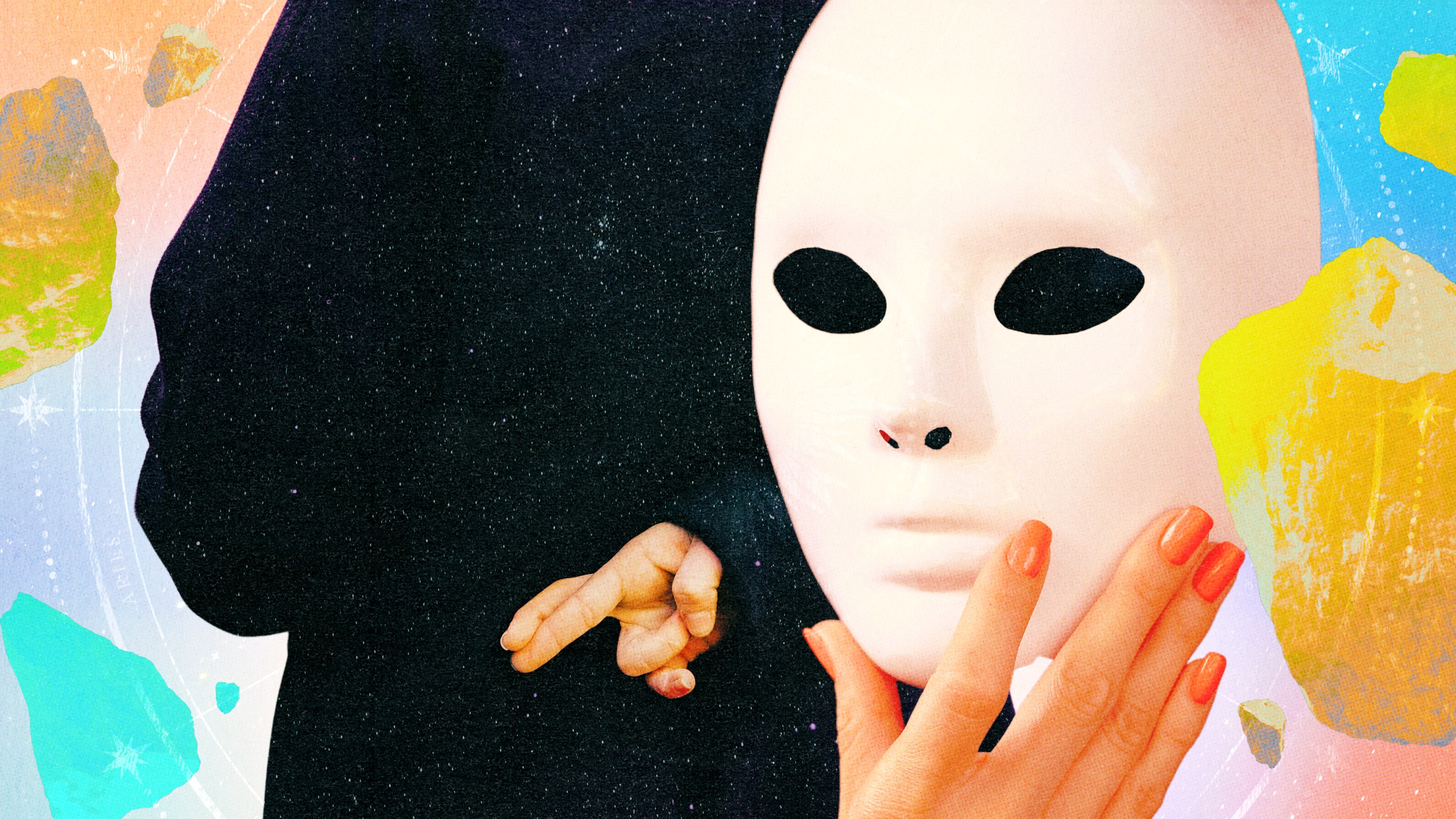 A mask and a person crossing their fingers behind their back