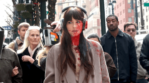 Dakota Johnson is seen on the "Verity" movie set outside Grand Central Terminal on March 12, 2025 in New York City.