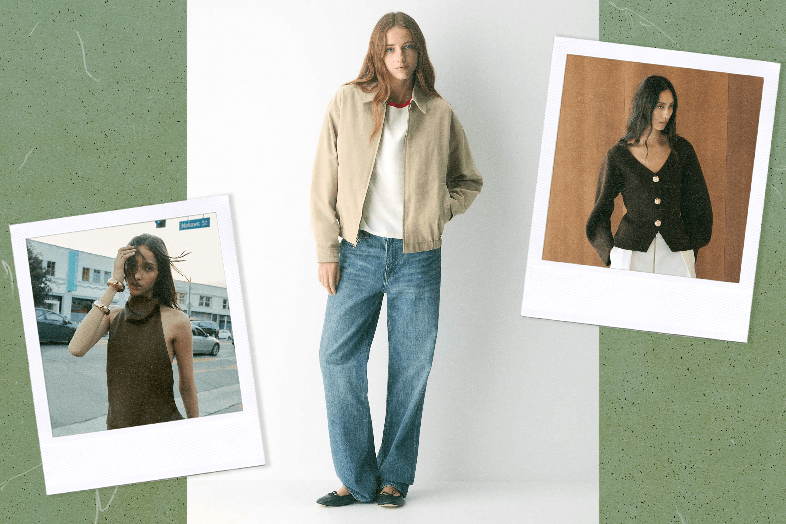 Left to Right: a Zara model wearing a brown halterneck top; an Aritzia model wearing a beige, collared, unzipped jacket and blue jeans; a Mango model wearing a dark brown knit jacket with gold buttons.