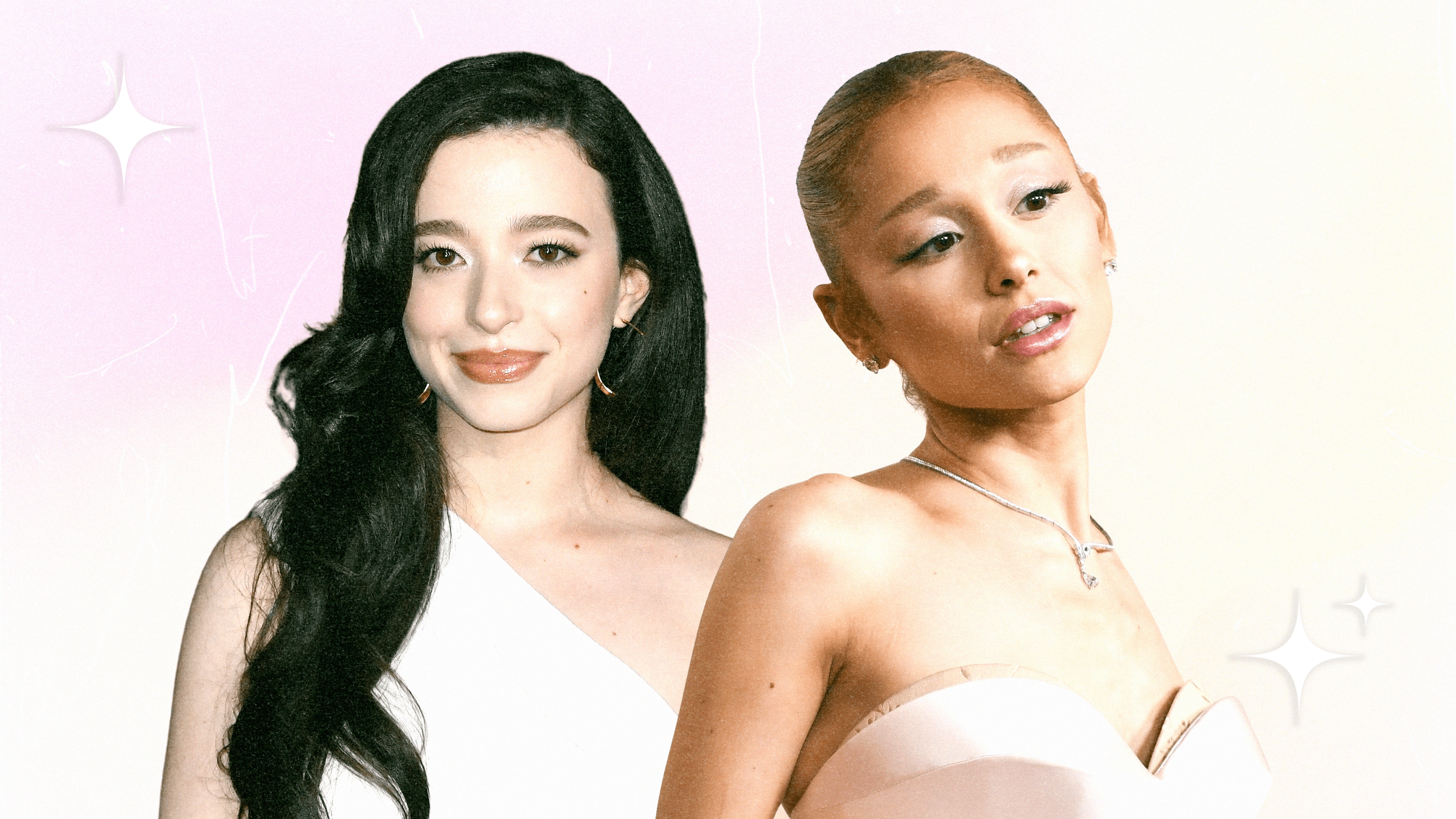 Mikey Madison and Ariana Grande wearing sparkly eyeshadow.