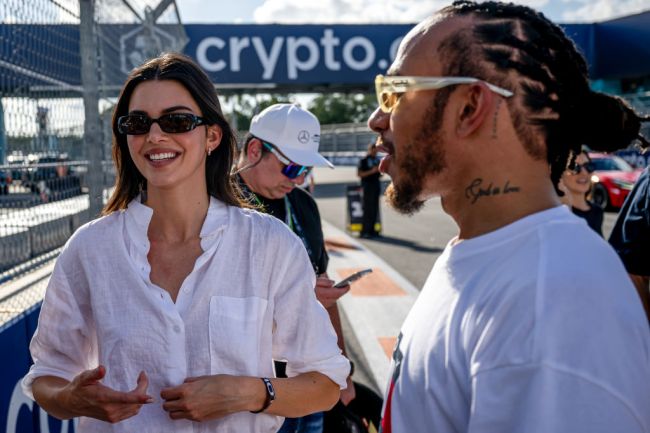 MIAMI, FLORIDA - MAY 3: Kendall Jenner and Lewis Hamilton, Mercedes F1 F1 W14 during practice ahead of the F1 Grand Prix of Miami at Miami International Autodrome on May 3, 2024 in Miami, United States