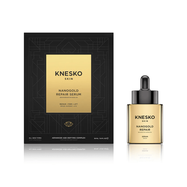 Knesko Nanogold Repair Serum in a gold bottle.