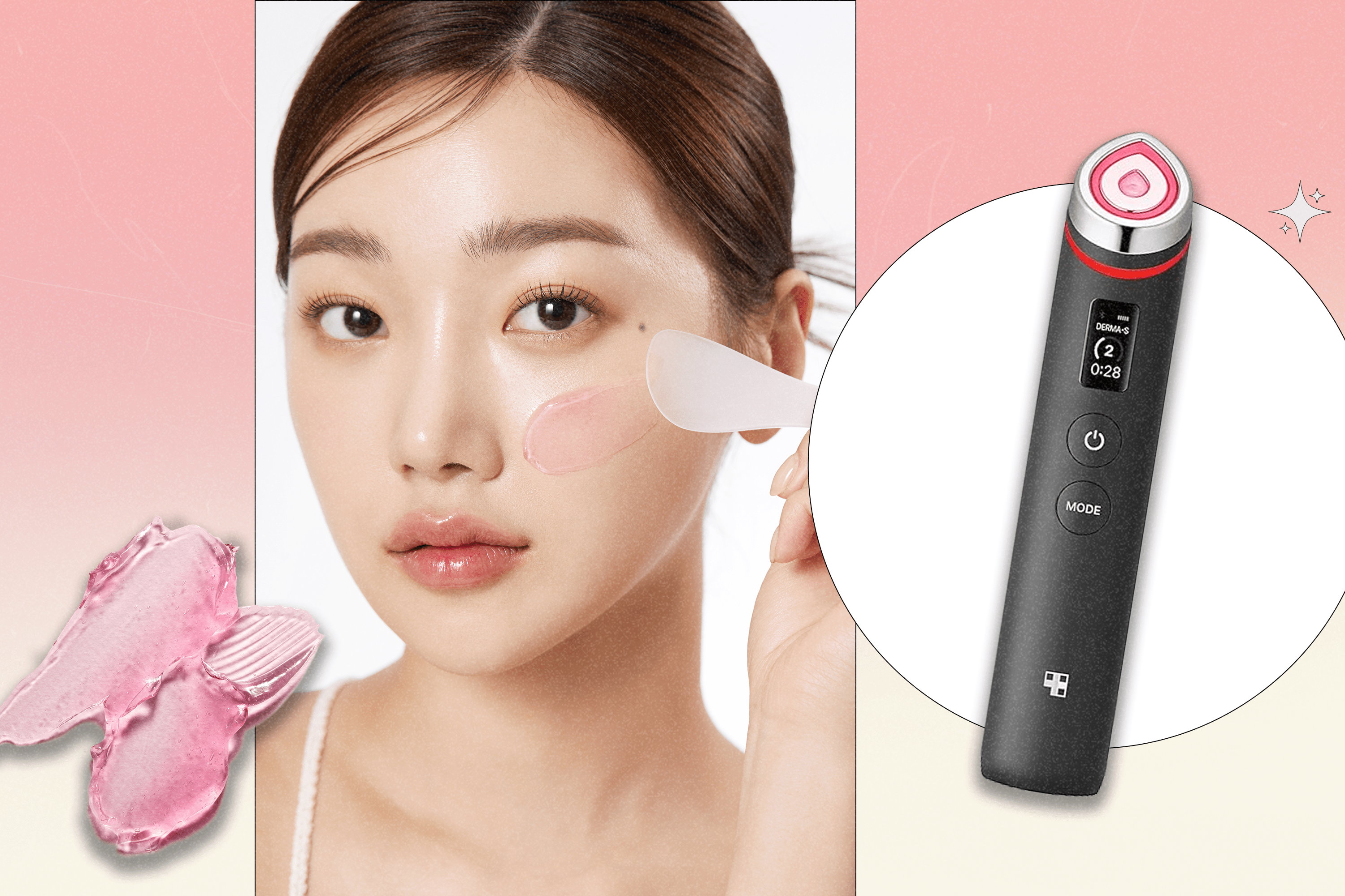 Left to Right: a texture shot of the Medicube Collagen Jelly cream; a model applying the Collagen Jelly Cream to her face; the Age-R Booster Pro skincare facial device.