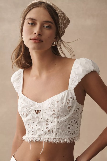 Puff-Sleeve Eyelet Corset Top