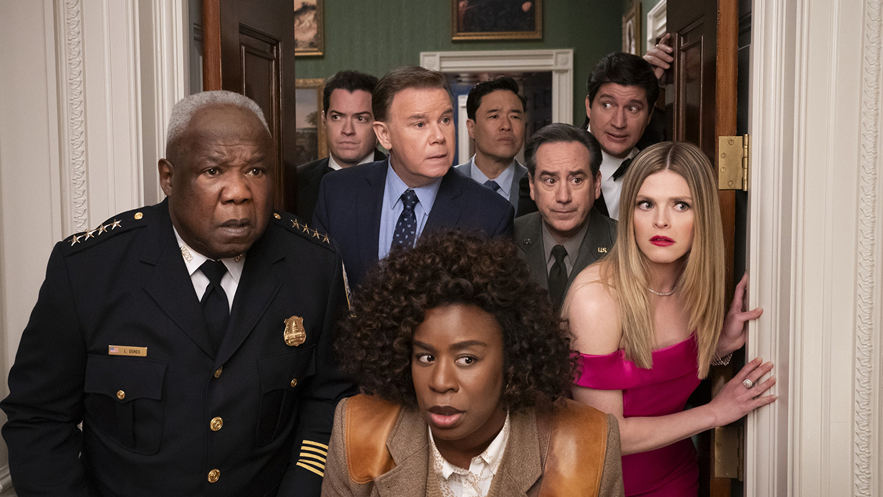 The Residence. (L to R) Isiah Whitlock Jr. as Larry Dokes, Dan Perrault as Colin Trask, Spencer Garrett as Wally Glick, Uzo Aduba as Cordelia Cupp, Randall Park as Edwin Park, Andrew Friedman as Irv Samuelson, Ken Marino as Harry Hollinger, Molly Griggs as Lilly Schumacher in episode 101 of The Residence.
