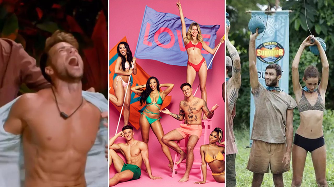 Left to Right: Temptation Island Spain's Montoya tearing off his shirt; the cast of Love Island UK Season 8; two cast members competing in a challenge during Australian Survivor Season 2.