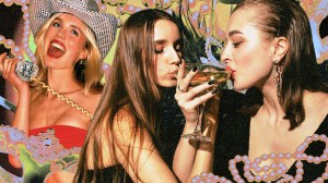 A collage of three women and various party items.