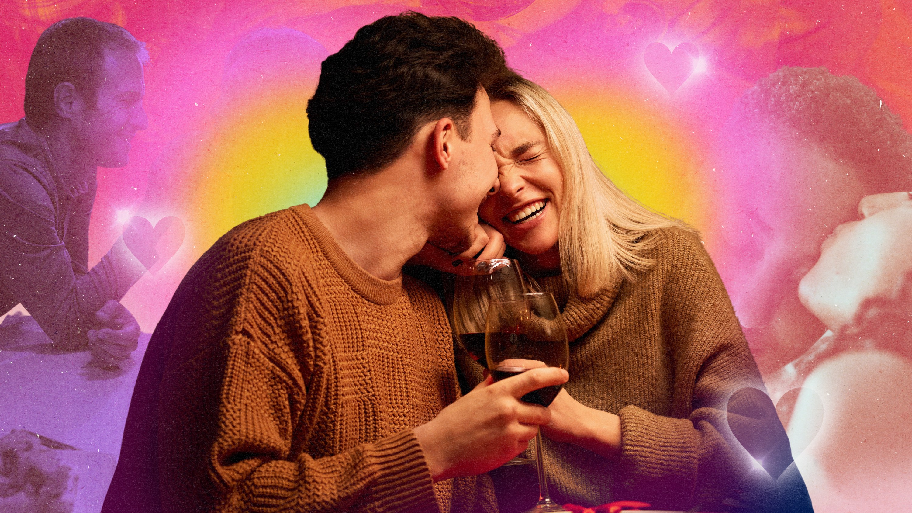 A couple laughing against a colorful background