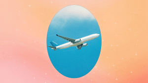 An airplane in the sky sits in front of an orange background.