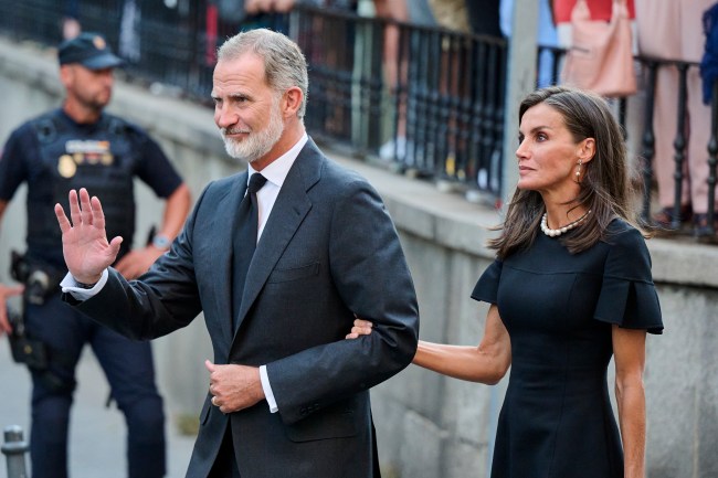MADRID, SPAIN - SEPTEMBER 08: King Felipe VI of Spain and Queen Letizia of Spain arrive to the Mass Tribute for Juan Gómez-Acebo at the Iglesia Catedral de las Fuerzas Armadas on September 08, 2024 in Madrid, Spain.