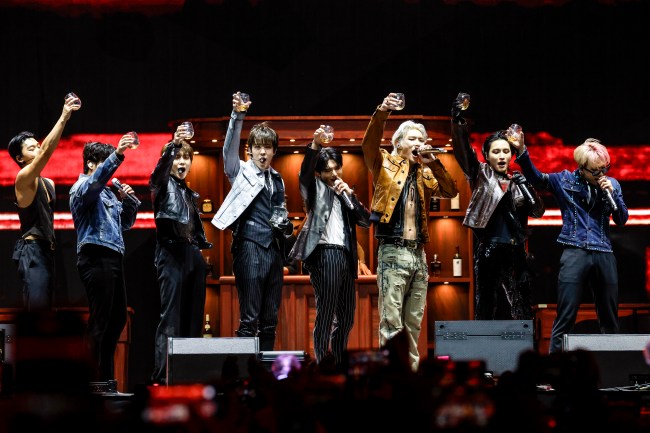 San, Choi Jong-ho, Kang Yeo-sang, Jeong Yun-ho, Wooyoung, Song Min-gi, Seonghwa, and Song Min-gi of ATEEZ perform at the Sahara Tent during the 2024 Coachella Valley Music and Arts Festival at Empire Polo Club on April 19, 2024 in Indio, California