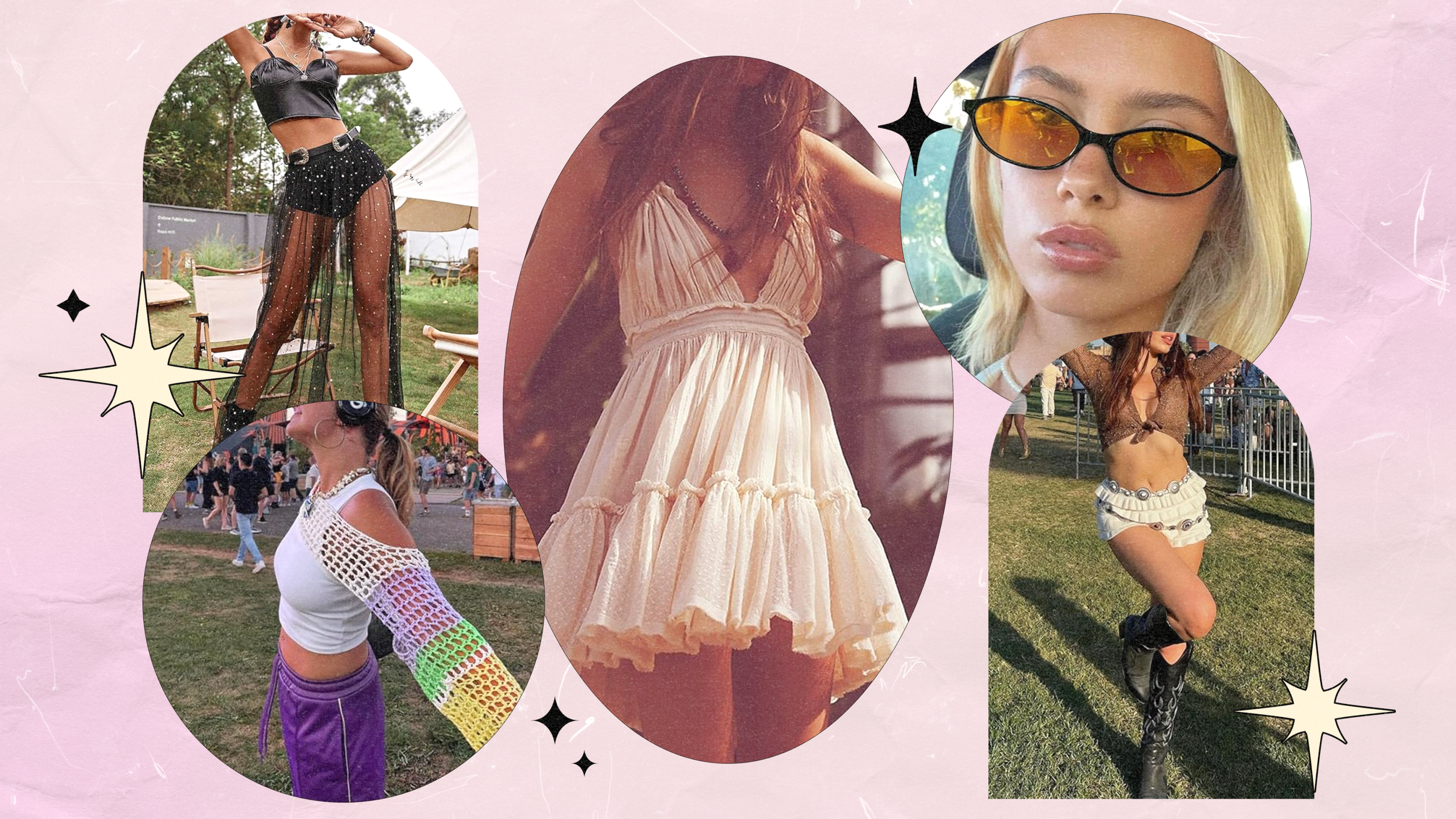 Left to Right: a woman wearing a sheer black sparkly maxi skirt; a woman wearing a white tank top, purple pants, and a multi-color crochet bolero shrug; a woman wearing an strapless, off-white flowy, tiered mini dress; a woman wearing black sunglasses with yellow-orange tinted lenses; a woman wearing a brown top with white crochet ruffle bloomer shorts, a chunky metal belt, and black cowboy boots.