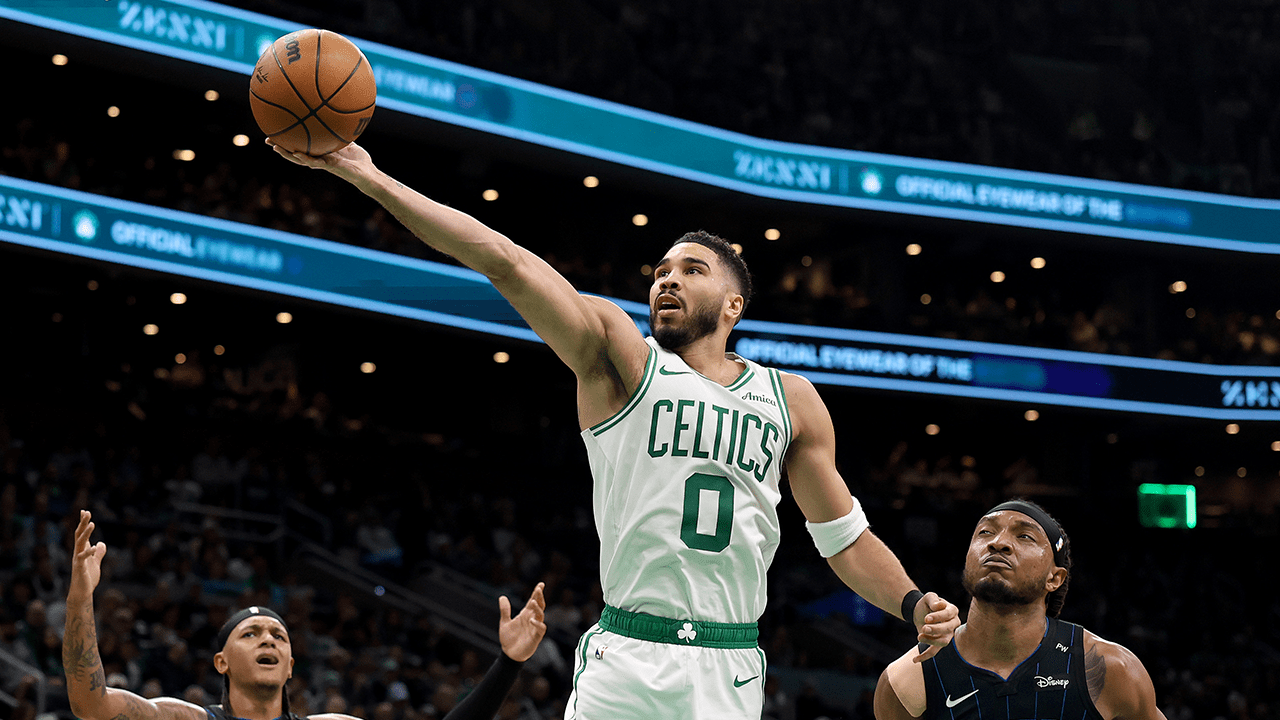 Jayson Tatum #0 of the Boston Celtics shoots a layup in Game One of the Eastern Conference First Round NBA Playoffs against the Orlando Magic at TD Garden on April 20, 2025 in Boston, Massachusetts.