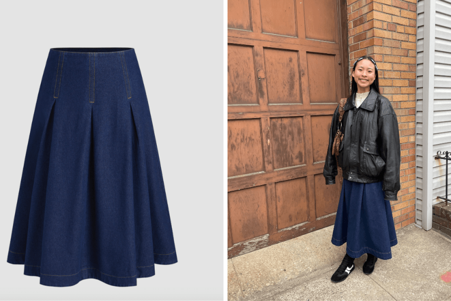 Katie is wearing Cider's Denim Mid Rise Solid Pleated Maxi Skirt in Dark Denim.