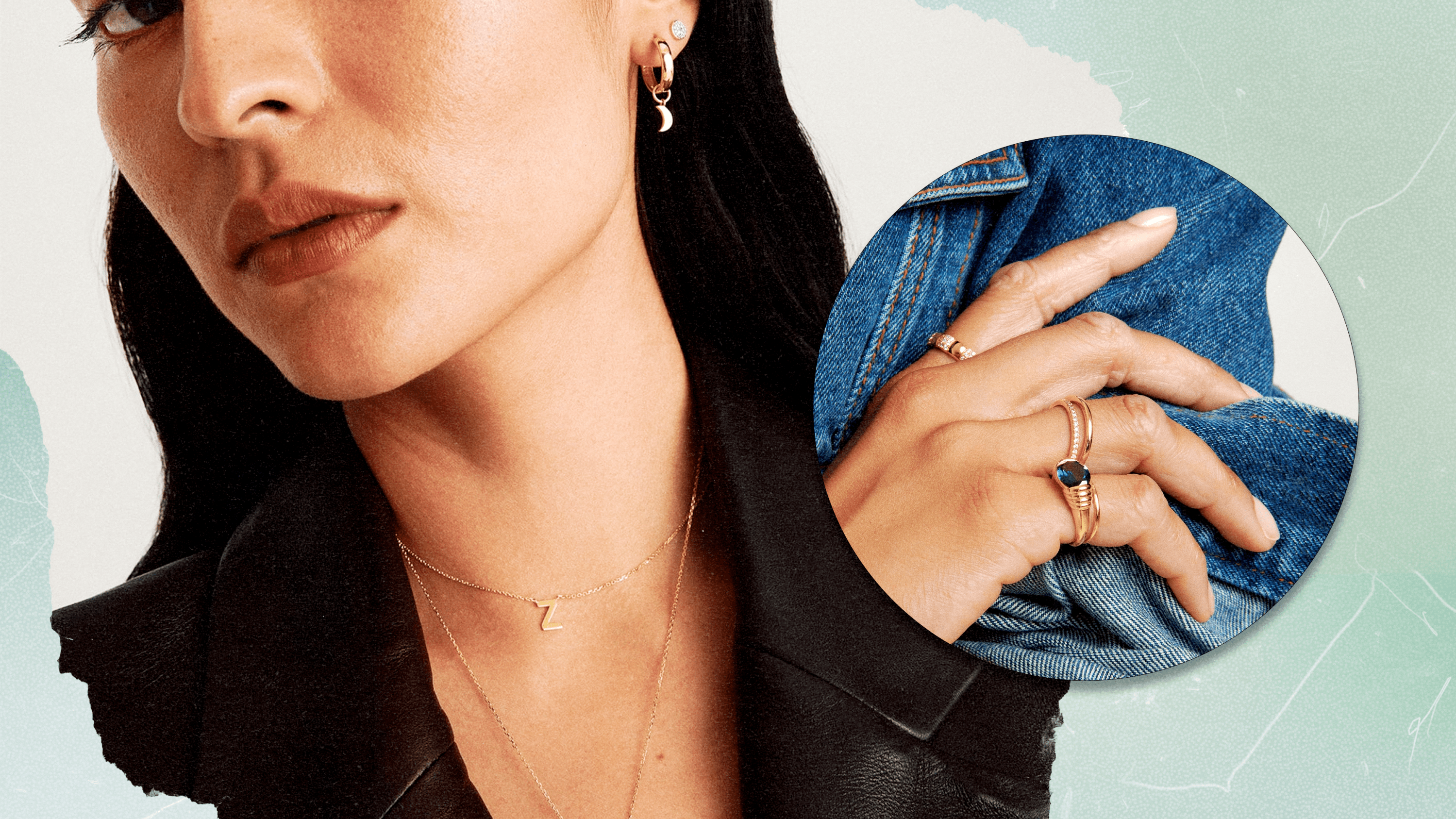A model wearing Mejuri necklaces and earrings, and a model's hand wearing Mejuri rings.