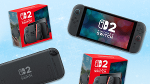 The front and back of the Nintendo Switch 2 next to two boxes of the Nintendo Switch 2