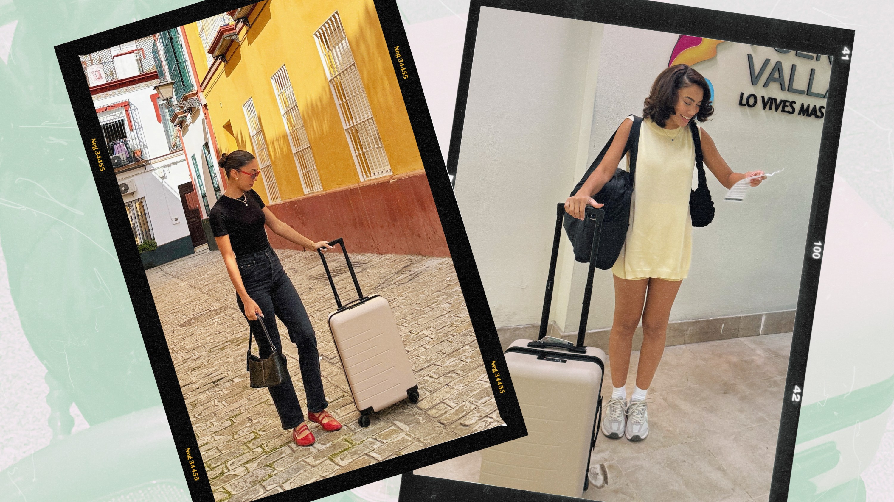 Two photos of writer Jenzia Burgos standing with Quince's Small Carry-On Suitcase in Tan