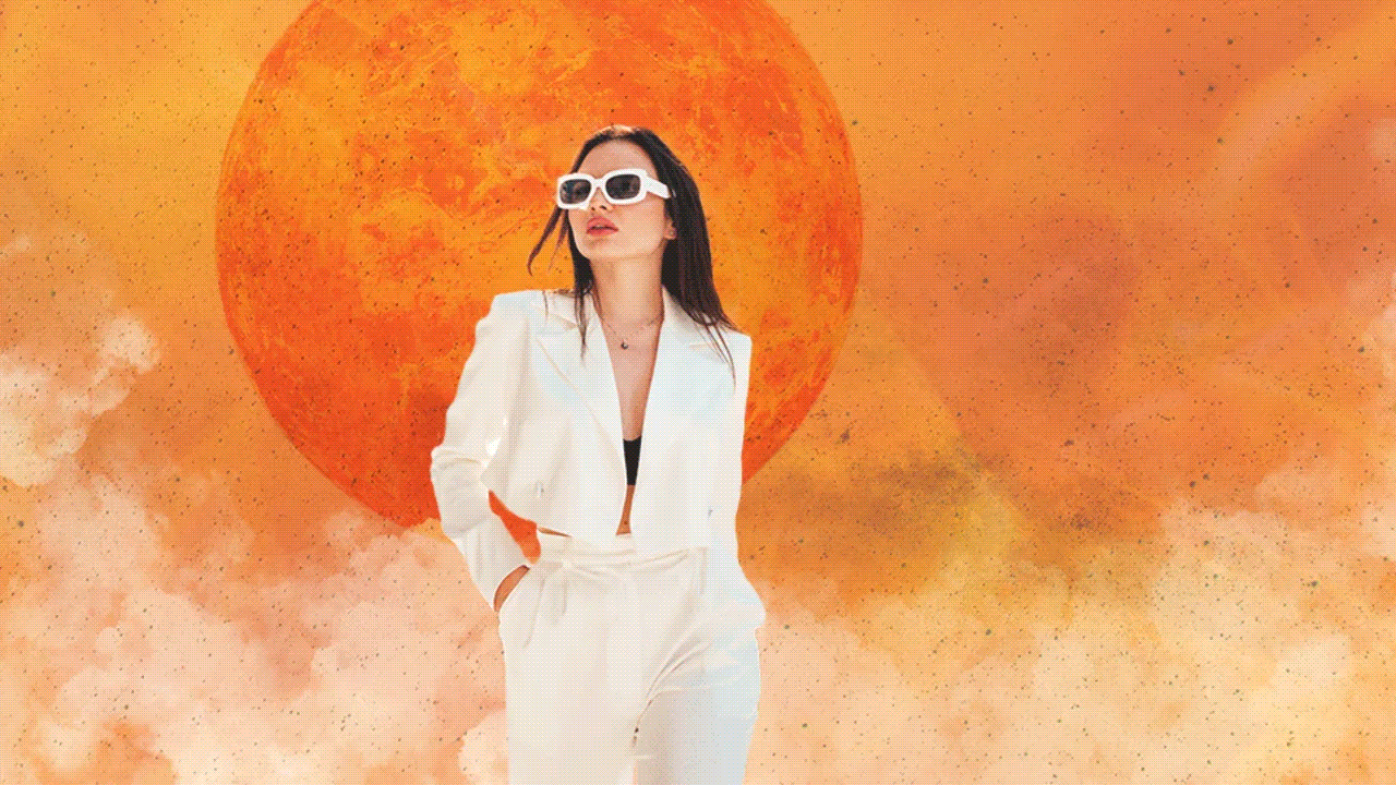 A woman wearing sunglasses walking away from planet Venus with smoke clouding in her wake