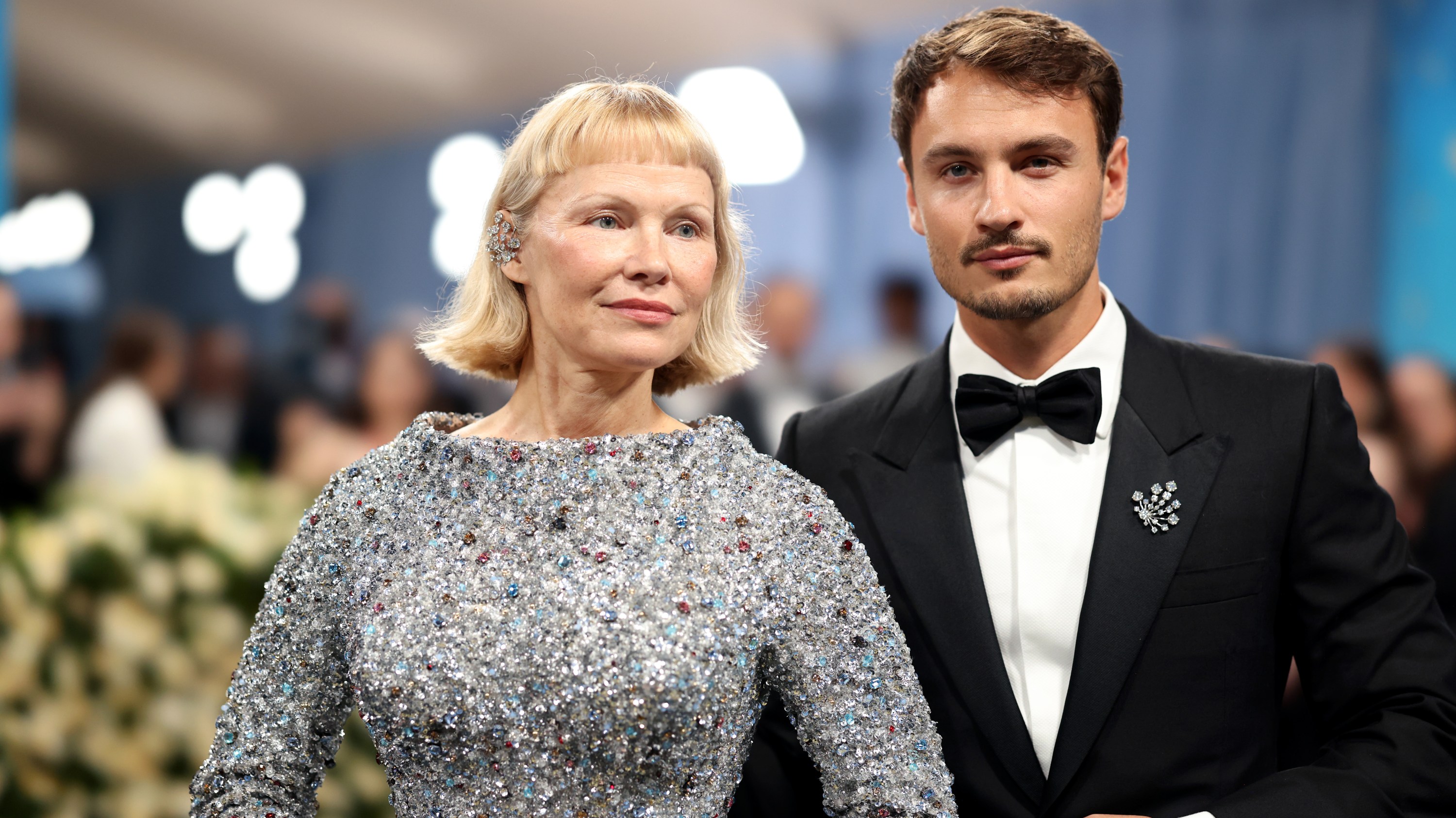 NEW YORK, NEW YORK - MAY 05: (L-R) Pamela Anderson and Brandon Thomas Lee attend the 2025 Met Gala Celebrating "Superfine: Tailoring Black Style" at Metropolitan Museum of Art on May 05, 2025 in New York City. (Photo by John Shearer/WireImage)